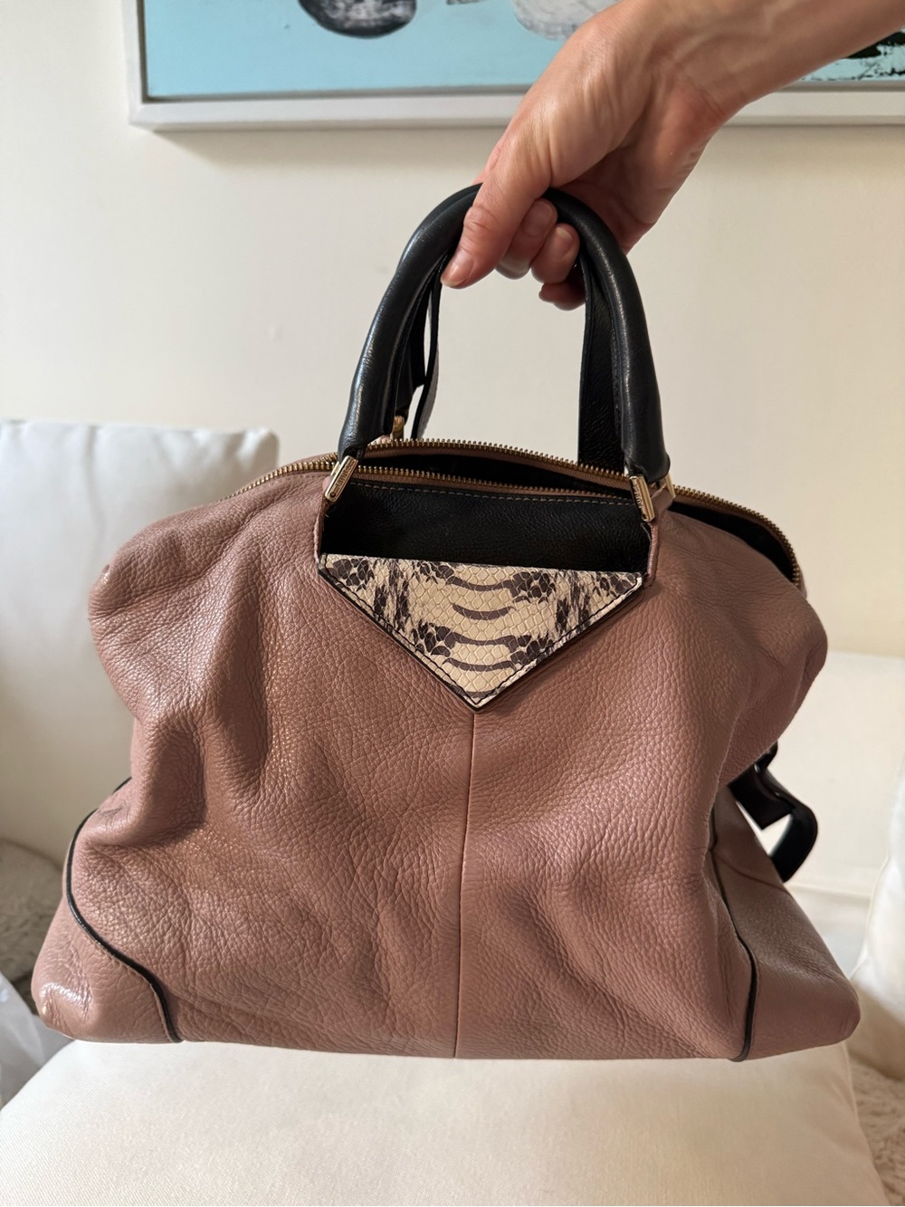 Women's Furla Leather Satchel Bag in Pink with Black Handles
